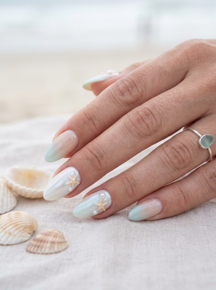 Starfish Pearl Mermaid Nails mit kleinen Seestern- und Perlenakzenten